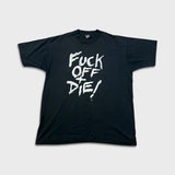 Vintage 90s F Off + Die T Shirt Mens XL Black Single Stitch Sun Faded Punk Tee
