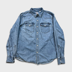 Levi's Denim Shirt Mens Medium Blue Light Wash Western Pearl Snap Button Up