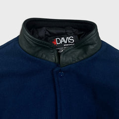 Vintage 90s Davis Sportswear Leather Jacket Mens Medium Blue Wool Letterman