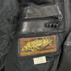 Vintage 90s French Leather Bomber Vest Mens Large Black Hot Rod Car Biker Jacket