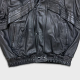 Vintage 90s French Leather Bomber Vest Mens Large Black Hot Rod Car Biker Jacket