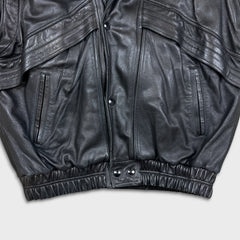 Vintage 90s French Leather Bomber Vest Mens Large Black Hot Rod Car Biker Jacket