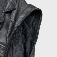 Vintage 90s French Leather Bomber Vest Mens Large Black Hot Rod Car Biker Jacket