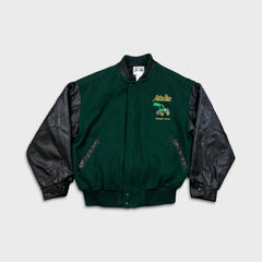 Vintage 80s  John Deere Jacket Mens Large Green Welland Works Loader Wool Leather Varsity