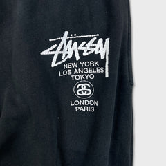 Stussy Worldwide Sweatpants Mens Large Black Faded Taper Leg Fleece Jogger