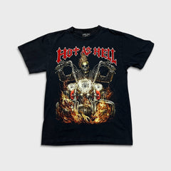 Vintage Y2K Skeleton Rider Hot As Hell T Shirt Mens Medium Black Punk Biker Tee