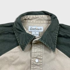 Vintage Carhartt Jean Jacket Womens Small Beige Workwear Thrashed Cropped Button Up