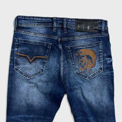 Diesel Jeans Mens 35x30 Blue Thavar Regular Slim Skinny Distressed Frayed Denim Pants
