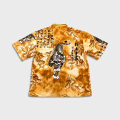 Vintage Y2K Tiger Dragon Shirt Mens 3XL Yellow Button Up All Over Print Calligraphy