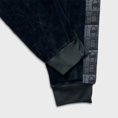 Champion Velour Pants Mens XL Black Script Taper Leg Side Tape Lounge Sweatpants