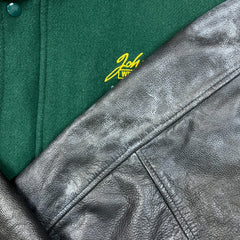 Vintage 80s  John Deere Jacket Mens Large Green Welland Works Loader Wool Leather Varsity