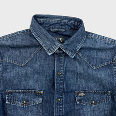2014 Armani Exchange Denim Shirt Mens Large Blue Dark Wash Western Jean Pearl Snap