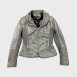 Vintage Y2K Danier Leather Jacket Womens Small Gray Silk Floral Damask Lined Bomber