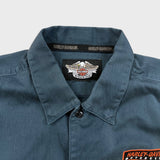Vintage Y2K Harley Davidson Shirt Mens Large Blue USA Mechanic Button Up Biker Patch