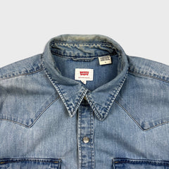 Levi's Barstow Western Denim Shirt Mens Medium Blue Light Wash Western Pearl Snap