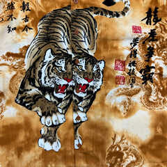 Vintage Y2K Tiger Dragon Shirt Mens 3XL Yellow Button Up All Over Print Calligraphy