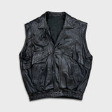 Vintage 90s French Leather Bomber Vest Mens Large Black Hot Rod Car Biker Jacket