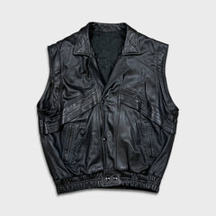 Vintage 90s French Leather Bomber Vest Mens Large Black Hot Rod Car Biker Jacket