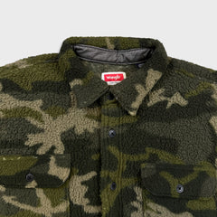 Vintage Wrangler Sherpa Jacket Mens Large Green Camo Button Up Outdoor Fleece