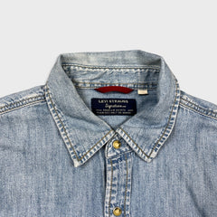 Levi's Strauss Denim Shirt Mens Large Blue Light Wash Casual Western Pearl Snap