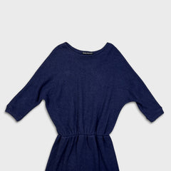 Vintage 90s Andy Warhol Dress Medium Blue Batwing Dolman Blouson Knit Sheath Midi