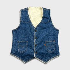Vintage 80s Levi's Vest Jacket Mens Medium Blue Orange Tab Sherpa Lined Western Denim