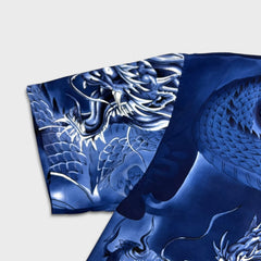 Vintage Y2K Relax Designs Dragon Shirt Mens 2XL Blue Kanji Silk Feel Button Up