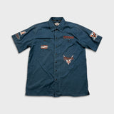 Vintage Y2K Harley Davidson Shirt Mens Large Blue USA Mechanic Button Up Biker Patch