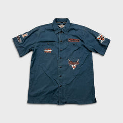 Vintage Y2K Harley Davidson Shirt Mens Large Blue USA Mechanic Button Up Biker Patch