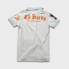 Vintage Y2K Ed Hardy Christian Audiger Polo Shirt Mens Small Grey New York USA Eagle Skull