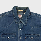 Levi's Barstow Western Denim Shirt Mens Medium Blue Dark Wash Stretch Pearl Snap