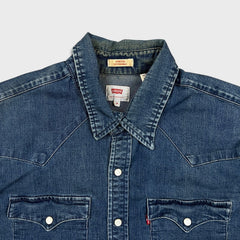 Levi's Barstow Western Denim Shirt Mens Medium Blue Dark Wash Stretch Pearl Snap