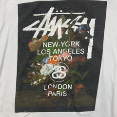 Stussy World Tour Floral T Shirt Mens Small White Distressed Faded Graphic Tee