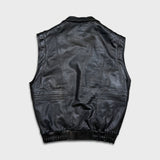 Vintage 90s French Leather Bomber Vest Mens Large Black Hot Rod Car Biker Jacket