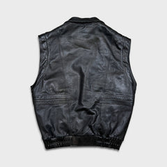 Vintage 90s French Leather Bomber Vest Mens Large Black Hot Rod Car Biker Jacket