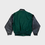 Vintage 80s  John Deere Jacket Mens Large Green Welland Works Loader Wool Leather Varsity