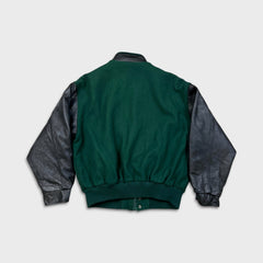Vintage 80s  John Deere Jacket Mens Large Green Welland Works Loader Wool Leather Varsity