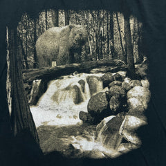 Vintage 90s Grizzly Bear Waterfall T Shirt Mens XL Black Nature Faded Animal Tee