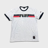 Vintage Y2K FUBU T Shirt Mens Large White Striped Spell Out Short Sleeve Tee
