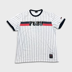 Vintage Y2K FUBU T Shirt Mens Large White Striped Spell Out Short Sleeve Tee