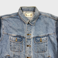 Vintage 90s Wrangler Denim Jacket Mens XL Blue Rugged Wear USA Trashed Trucker
