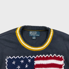 Vintage 90s Polo Ralph Lauren Knit Sweater Mens Medium Blue USA American Flag Sweatshirt