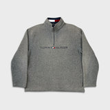 Vintage Y2K Tommy Hilfiger Fleece Mens Medium Gray Flag Pullover 1/4 Zip Jacket