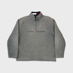 Vintage Y2K Tommy Hilfiger Fleece Mens Medium Gray Flag Pullover 1/4 Zip Jacket