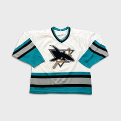 Vintage 90s CCM San Jose Sharks Jersey Mens Large White Distressed NHL Hockey