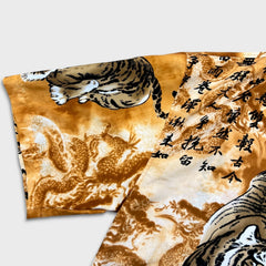 Vintage Y2K Tiger Dragon Shirt Mens 3XL Yellow Button Up All Over Print Calligraphy