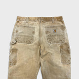 Vintage 90s Carhartt Pants Mens 34x32 Beige Original Fit Double Knee Distressed USA