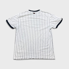 Vintage Y2K FUBU T Shirt Mens Large White Striped Spell Out Short Sleeve Tee