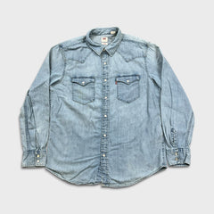 Levi's Denim Shirt Mens Large Blue Light Wash Casual Western Jean Pearl Snap