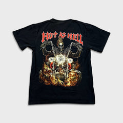 Vintage Y2K Skeleton Rider Hot As Hell T Shirt Mens Medium Black Punk Biker Tee